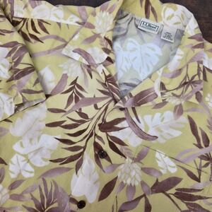 LL Bean Men's Hawaiian Camp Shirt Rayon Blend Yellow Brown Floral Size L‎